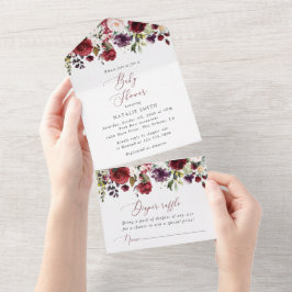 バーガンディの花,ピンクの花,ボホ,赤ちゃんシャワー オールインワン招待状