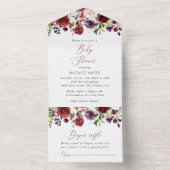 バーガンディの花，ピンクの花，ボホ，赤ちゃんシャワー オールインワン招待状 (内側)