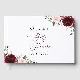 バーガンディの花，ピンクの花，ボホ，赤ちゃんシャワー ゲストブック