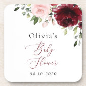バーガンディの花，ピンクの花，ボホ，赤ちゃんシャワー コースター (正面)