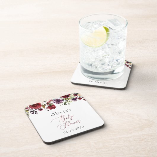 バーガンディの花,ピンクの花,ボホ,赤ちゃんシャワー コースター (右側)