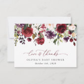バーガンディの花，ピンクの花，ボホ，赤ちゃんシャワー サンキューカード (正面)