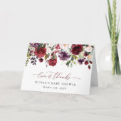 バーガンディの花,ピンクの花,ボホ,赤ちゃんシャワー サンキューカード (正面)