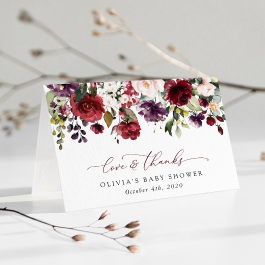 バーガンディの花,ピンクの花,ボホ,赤ちゃんシャワー サンキューカード