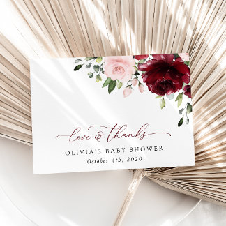 バーガンディの花,ピンクの花,ボホ,赤ちゃんシャワー サンキューカード