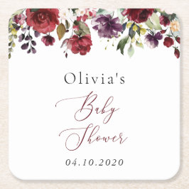 バーガンディの花,ピンクの花,ボホ,赤ちゃんシャワー スクエアペーパーコースター