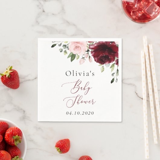 バーガンディの花，ピンクの花，ボホ，赤ちゃんシャワー スタンダードカクテルナプキン (インサイチュ)