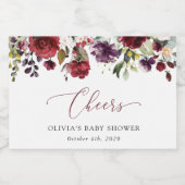 バーガンディの花，ピンクの花，ボホ，赤ちゃんシャワー スパークリングワインラベル (シングルラベル)