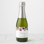 バーガンディの花，ピンクの花，ボホ，赤ちゃんシャワー スパークリングワインラベル (正面)