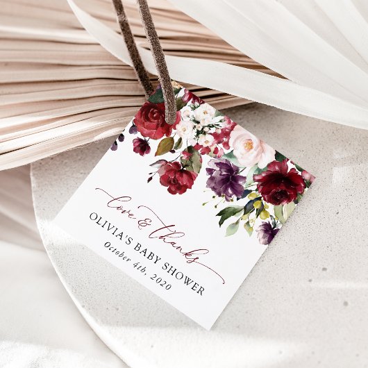 バーガンディの花，ピンクの花，ボホ，赤ちゃんシャワー フェイバータグ