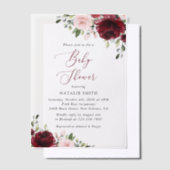 バーガンディの花，ピンクの花，ボホ，赤ちゃんシャワー ベラム紙招待状 (オフセット)
