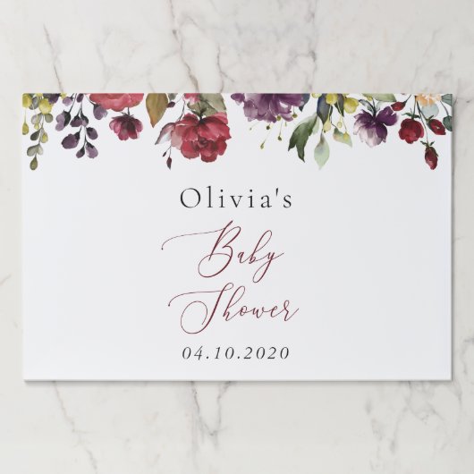 バーガンディの花，ピンクの花，ボホ，赤ちゃんシャワー ペーパーパッド (正面)