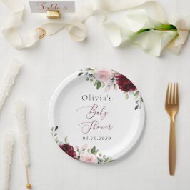 バーガンディの花，ピンクの花，ボホ，赤ちゃんシャワー ペーパープレート