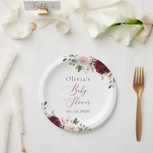 バーガンディの花，ピンクの花，ボホ，赤ちゃんシャワー ペーパープレート (ウェディング)