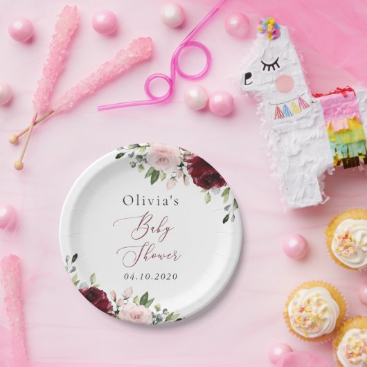 バーガンディの花，ピンクの花，ボホ，赤ちゃんシャワー ペーパープレート (パーティー)