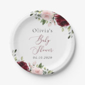 バーガンディの花，ピンクの花，ボホ，赤ちゃんシャワー ペーパープレート (正面)