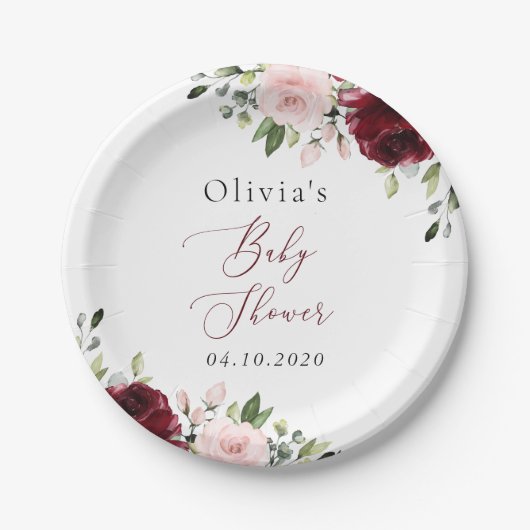 バーガンディの花，ピンクの花，ボホ，赤ちゃんシャワー ペーパープレート (正面)