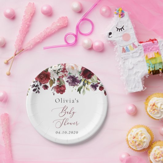 バーガンディの花,ピンクの花,ボホ,赤ちゃんシャワー ペーパープレート (パーティー)