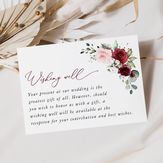 バーガンディの花、ピンクの花、ボホ、願い井戸 エンクロージャーカード