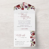 バーガンディの花、ピンクの花、緑結婚、 オールインワン招待状 (内側)