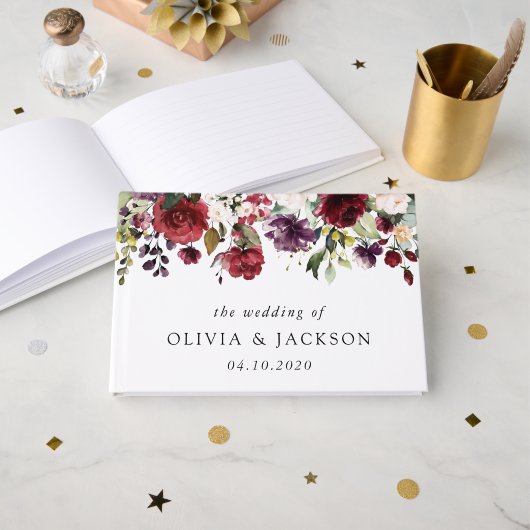 バーガンディの花、ピンクの花、緑結婚、 ゲストブック (正面見開き)