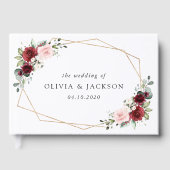 バーガンディの花、ピンクの花、緑結婚、 ゲストブック (正面)