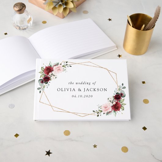 バーガンディの花、ピンクの花、緑結婚、 ゲストブック (正面見開き)