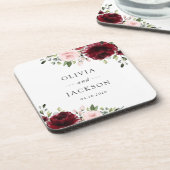 バーガンディの花、ピンクの花、緑結婚、 コースター (左側)