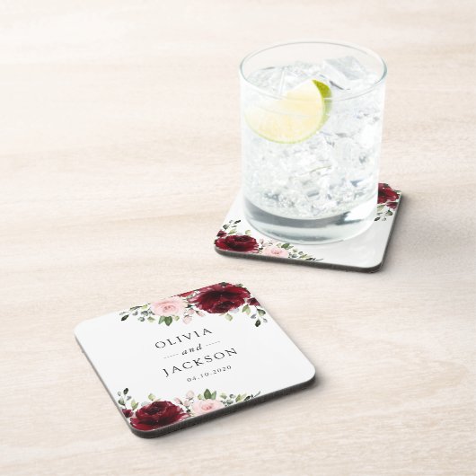 バーガンディの花、ピンクの花、緑結婚、 コースター (右側)