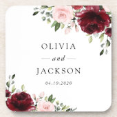 バーガンディの花、ピンクの花、緑結婚、 コースター (正面)