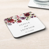 バーガンディの花、ピンクの花、緑結婚、 コースター (左側)