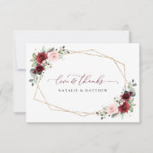 バーガンディの花、ピンクの花、緑結婚、 サンキューカード (正面)