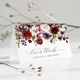 バーガンディの花、ピンクの花、緑結婚、 サンキューカード