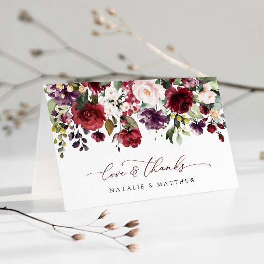 バーガンディの花、ピンクの花、緑結婚、 サンキューカード