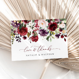 バーガンディの花、ピンクの花、緑結婚、 サンキューカード