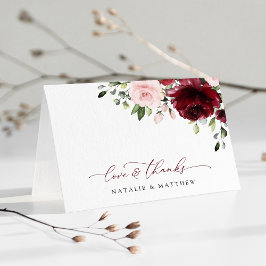 バーガンディの花、ピンクの花、緑結婚、 サンキューカード