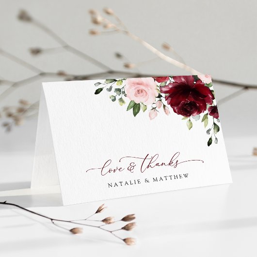 バーガンディの花、ピンクの花、緑結婚、 サンキューカード
