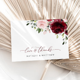 バーガンディの花、ピンクの花、緑結婚、 サンキューカード