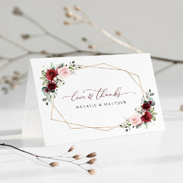 バーガンディの花、ピンクの花、緑結婚、 サンキューカード