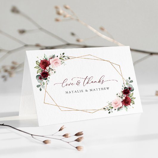 バーガンディの花、ピンクの花、緑結婚、 サンキューカード