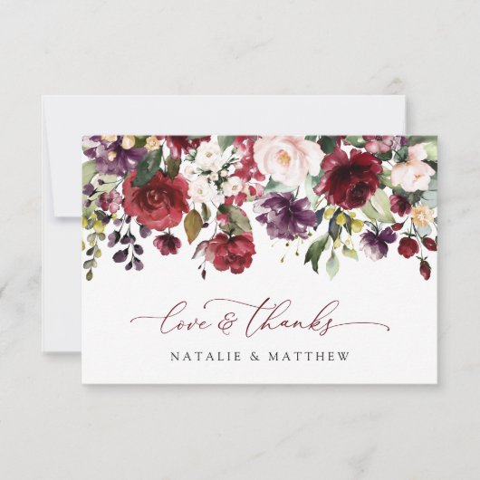 バーガンディの花、ピンクの花、緑結婚、 サンキューカード (正面)