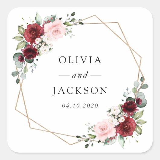 バーガンディの花、ピンクの花、緑結婚、 スクエアシール (正面)