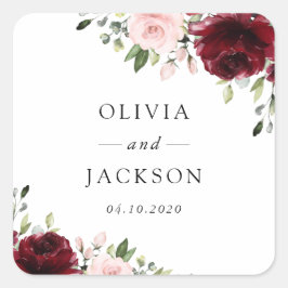 バーガンディの花、ピンクの花、緑結婚、 スクエアシール