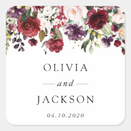 バーガンディの花、ピンクの花、緑結婚、 スクエアシール