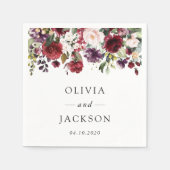 バーガンディの花、ピンクの花、緑結婚、 スタンダードカクテルナプキン (正面)