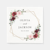 バーガンディの花、ピンクの花、緑結婚、 スタンダードカクテルナプキン (正面)