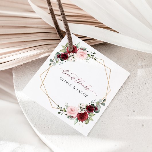 バーガンディの花、ピンクの花、緑結婚、 フェイバータグ