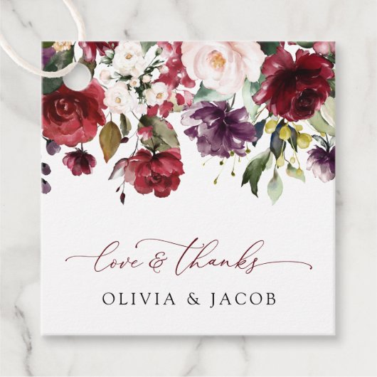 バーガンディの花、ピンクの花、緑結婚、 フェイバータグ (正面)