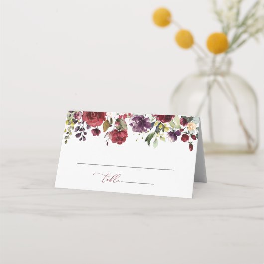 バーガンディの花、ピンクの花、緑結婚、 プレイスカード (正面)