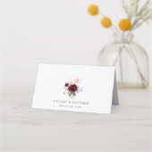 バーガンディの花、ピンクの花、緑結婚、 プレイスカード (裏面)